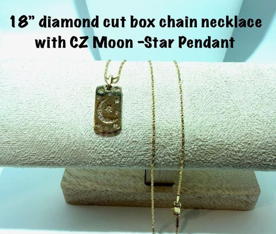Beautiful, Ladies, 18 Inch, Real 24k Gold Filled, Diamond Cut Box Chain Necklace W/CZ Moon/Star Pendant