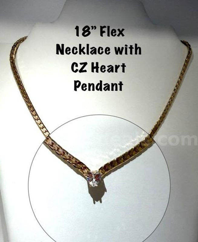 Gorgeous, 18 Inch, Real 24k Gold Filled, Flex Chain Necklace, W/CZ Heart Pendant