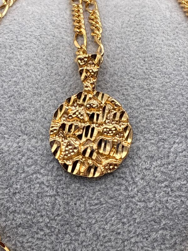 Gorgeous, Real 24k Gold Filled, 22” Figaro Necklace With Nugget Pendant