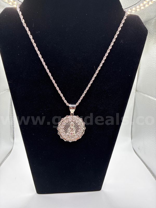 3mm French Rope Chain, W/ Large CZ Buddha Pendant, Rhodium Clad (Silver) FREE SHIP W/ BUY IT NOW