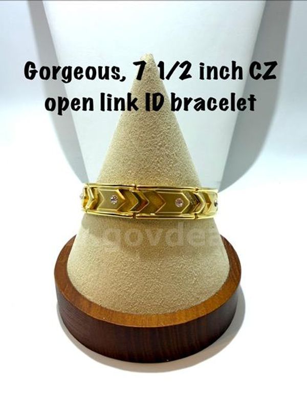 Gorgeous, 7 1/2 Inch, Real 24k Gold Filled, CZ, Open Link ID Bracelet