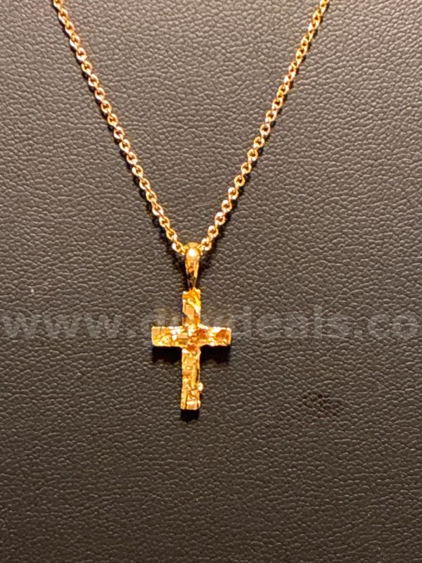 18” Dainty Necklace W/ Small Nugget Cross, 24K Real Gold Filled.