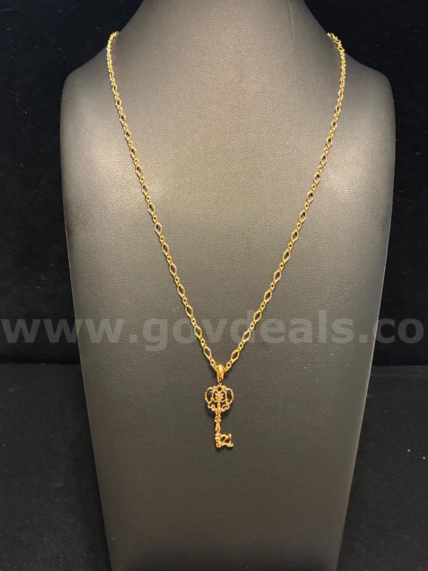 21” Dainty Open Link Necklace W/Filigree Key Pendant, 24K Real Gold Filled.