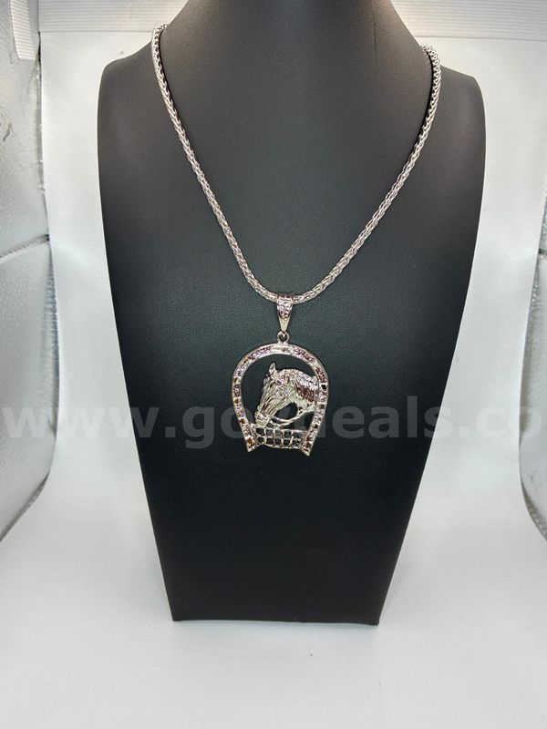 Beautiful Rhodium Clad (Silver), 23” Wheat Necklace W/Horse Head Pendant.