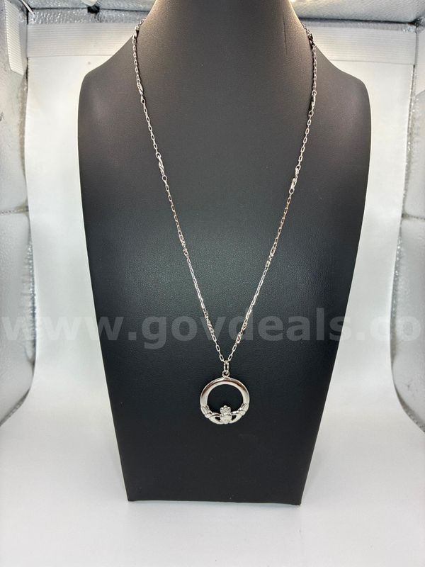 Beautiful Rhodium Clad (Silver), 20” Dainty Rolo Necklace W/Claddagh Pendant