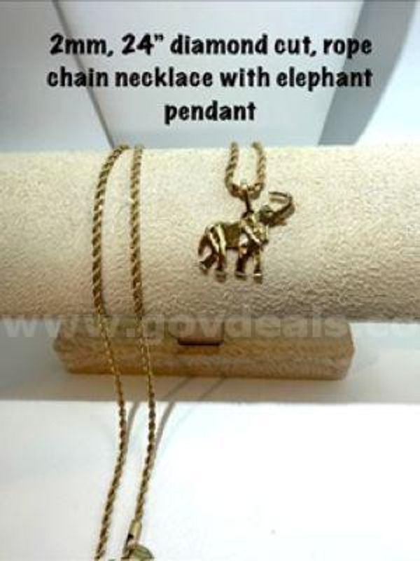 Beautiful 2MM, 24 Inch, Real 24k Gold Filled, Diamond Cut Rope Chain W/Elephant Pendant