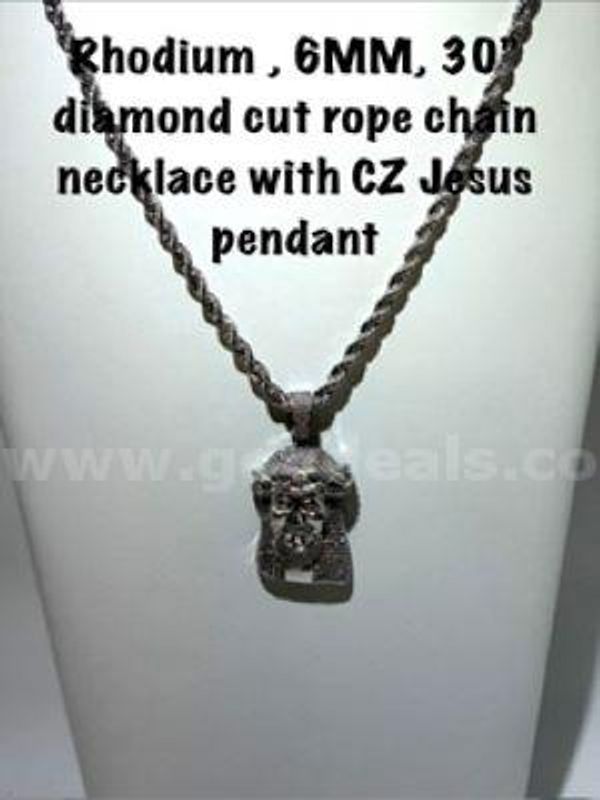 Gorgeous, Rhodium Clad (Silver), 6MM, 30 Inch, Diamond Cut Rope Chain, W/Multi-CZ, Jesus Pendant