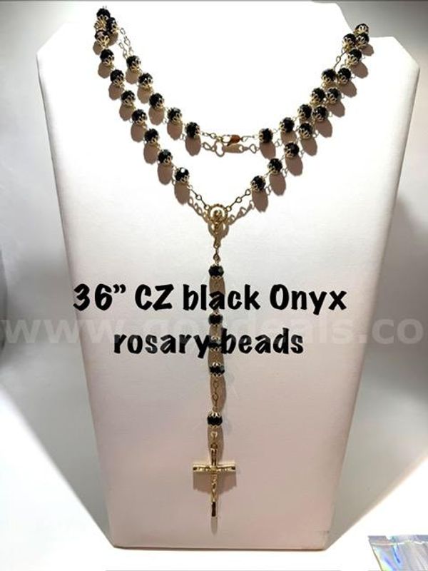Gorgeous, 32 Inch, Real 24k Gold Filled, CZ, Black Onyx Rosary