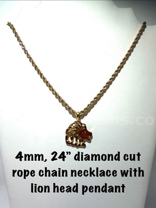 Gorgeous, 4MM, 24 Inch, Real 24k Gold Filled, Diamond Cut Rope Chain W/Lionhead Pendant
