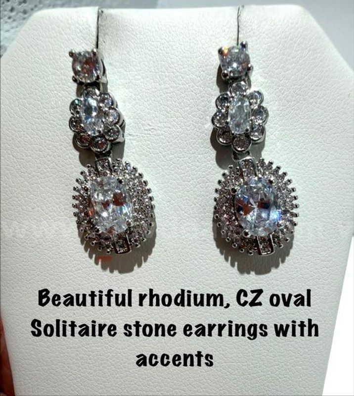 Beautiful, Rhodium Clad (Silver), CZ, Oval Solitaire Bridal Earrings, W/Accents