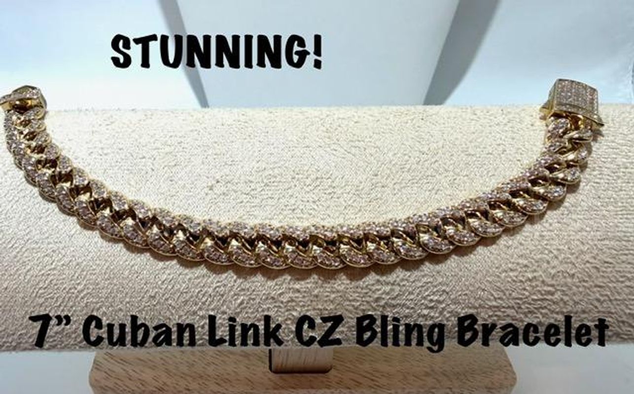 Gorgeous, 7 Inch, Real 24k Gold Filled, CZ, Bling Bling, Cuban Link Bracelet
