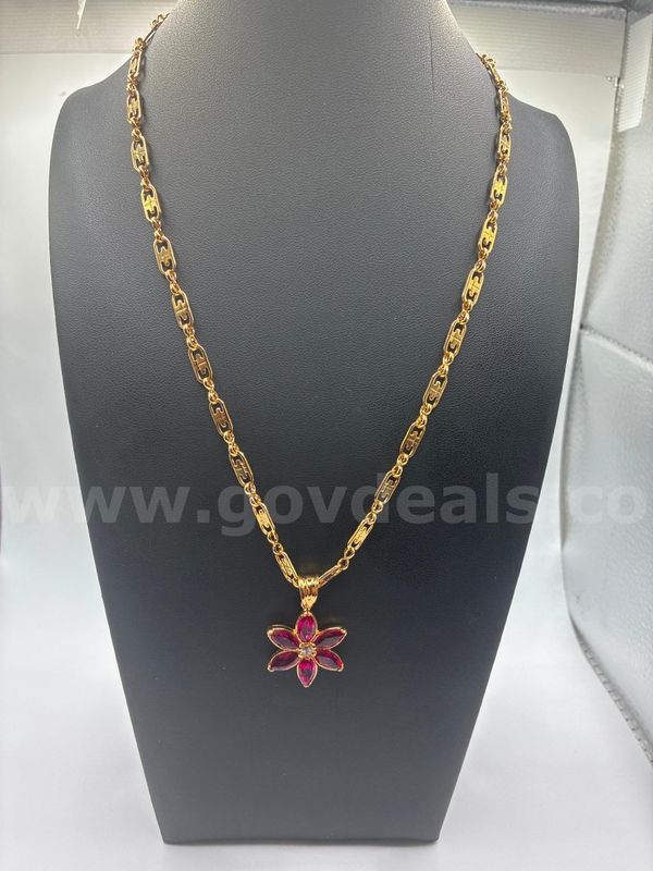 Beautiful, Ruby Blossom Marquise Flower Pendant on an 18” Mariner Link Chain, 24K Real Gold Filled.