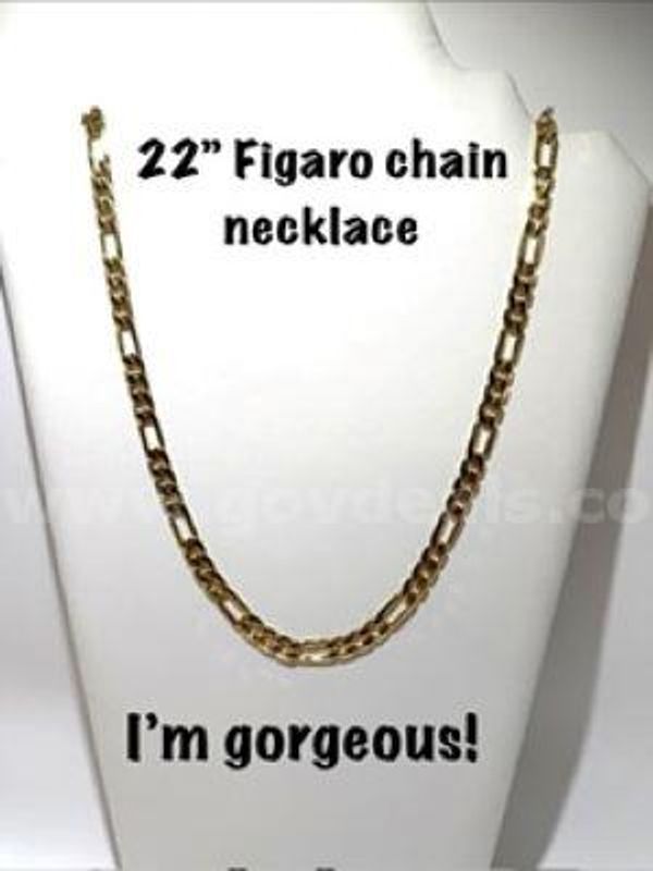 Beautiful, 22 Inch, Real 24k Gold Filled, Italian Figaro Chain Necklace