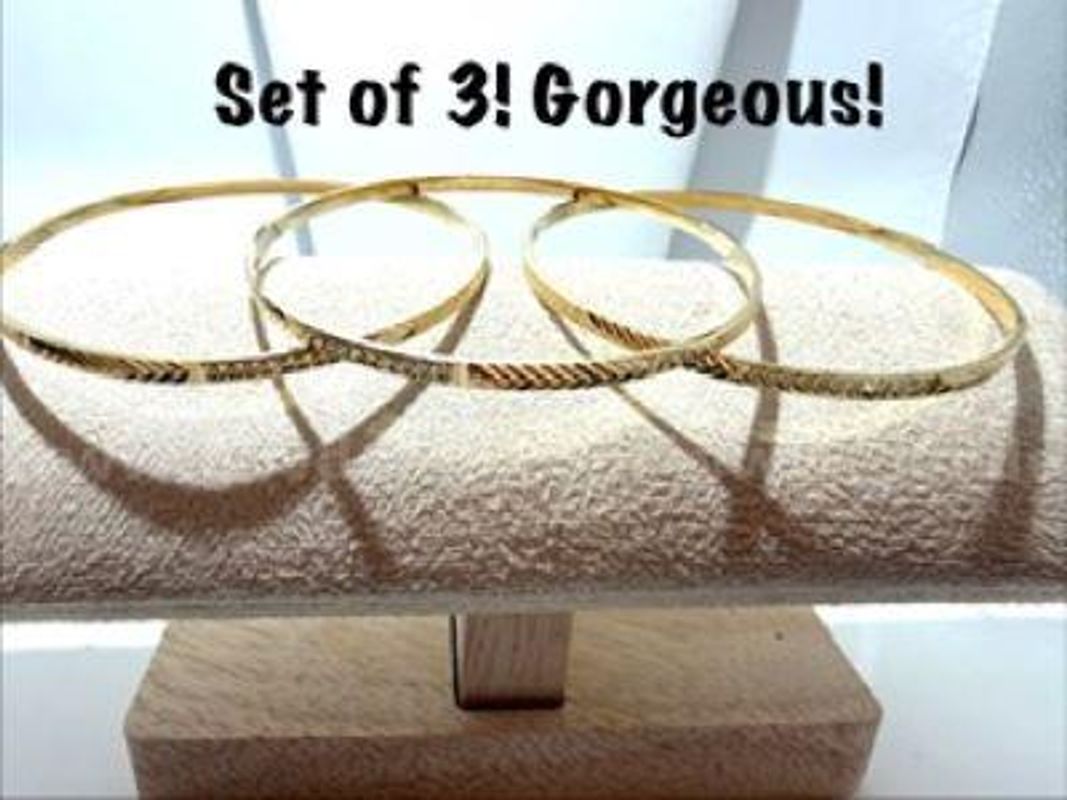 Set of (3), Size XL, Real 24k Gold Filled, Diamond Cut Bangle Bracelets