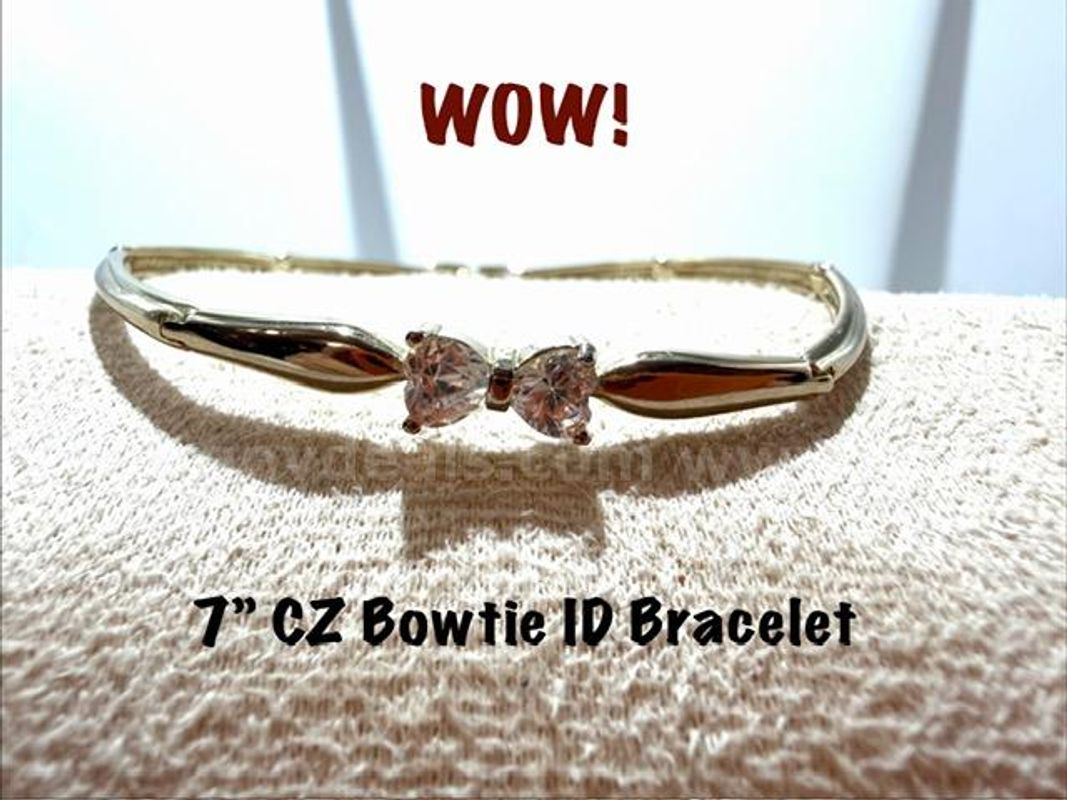 Gorgeous, Ladies, Real 24k Gold Filled, 7 Inch, CZ Bowtie ID Bracelet
