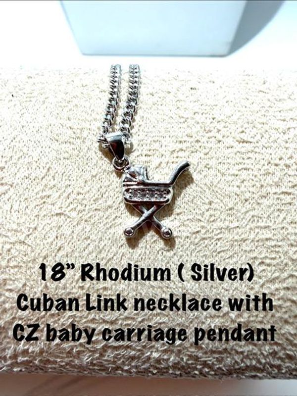 Rhodium Clad (Silver), 18 Inch, Cuban Link Necklace, W/CZ Baby Carriage Pendant