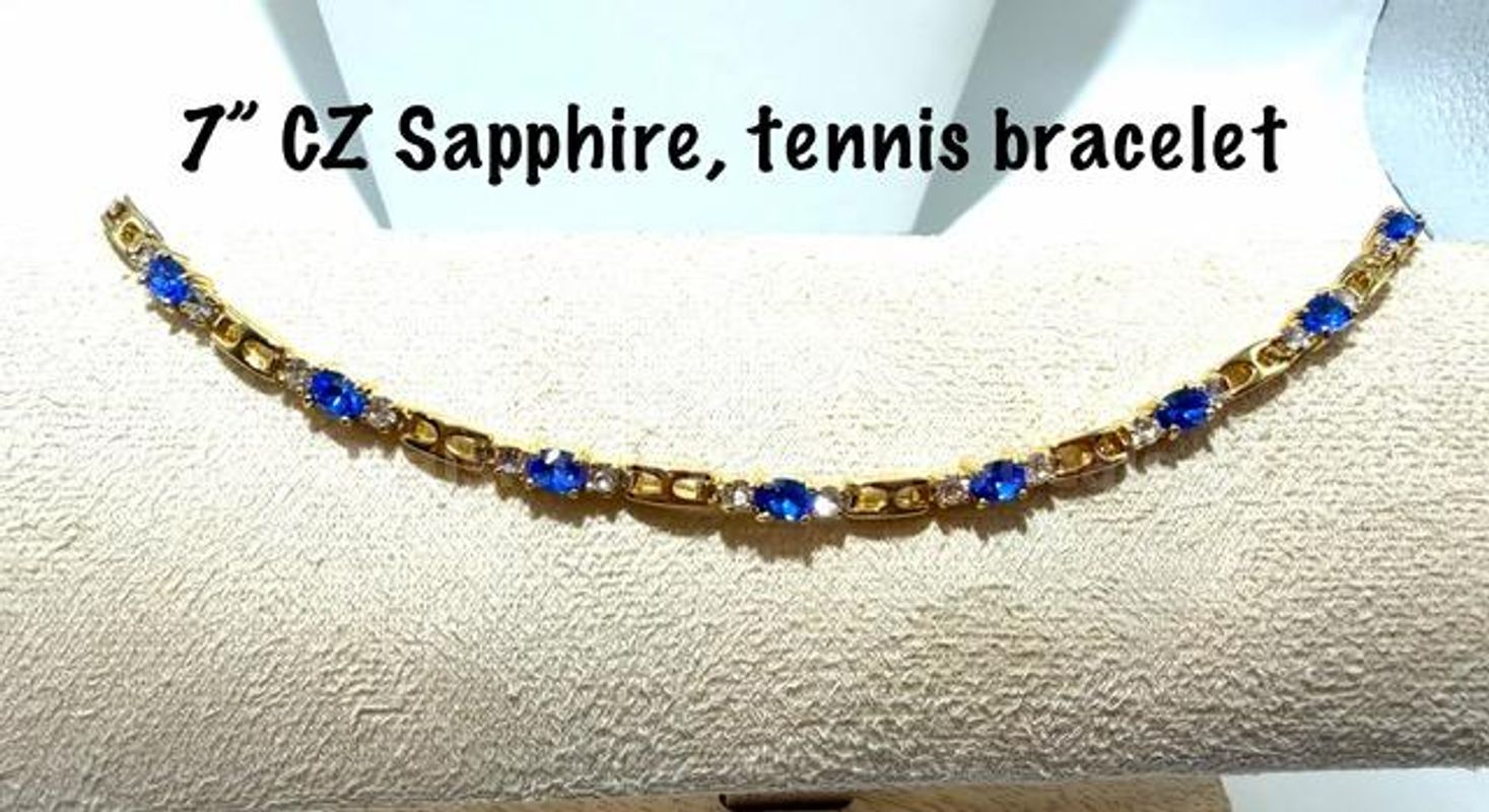 Gorgeous, Ladies, 7 Inch, Real 24k Gold Filled, CZ, Sapphire Tennis Bracelet