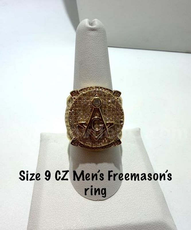 Gorgeous, Size 9, Mens, Real 24k Gold Filled, CZ, Freemason’s Ring