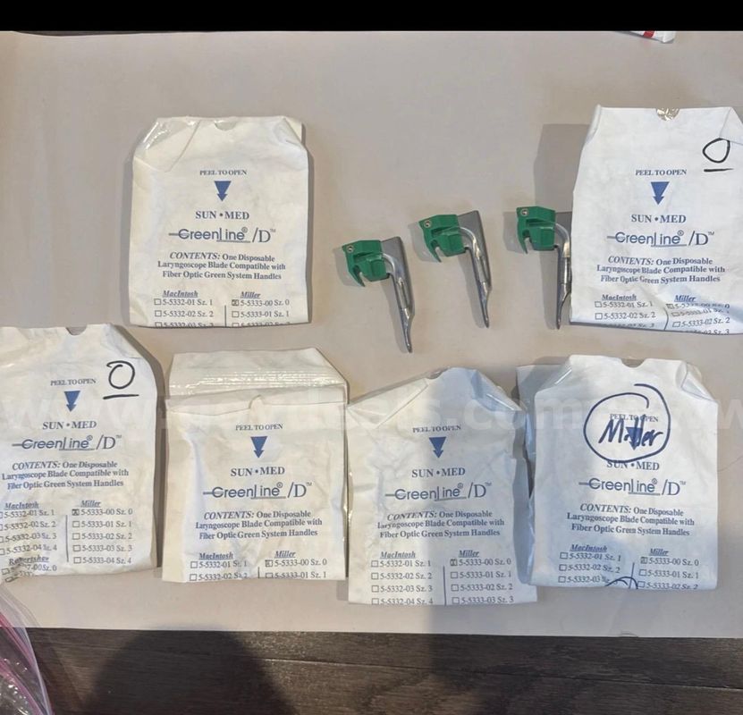 9x Lot Greenline D Sunmed Miller 3 Mil Laryngoscope Blade, Fiber Optic Pediatric infant intubation shipping only