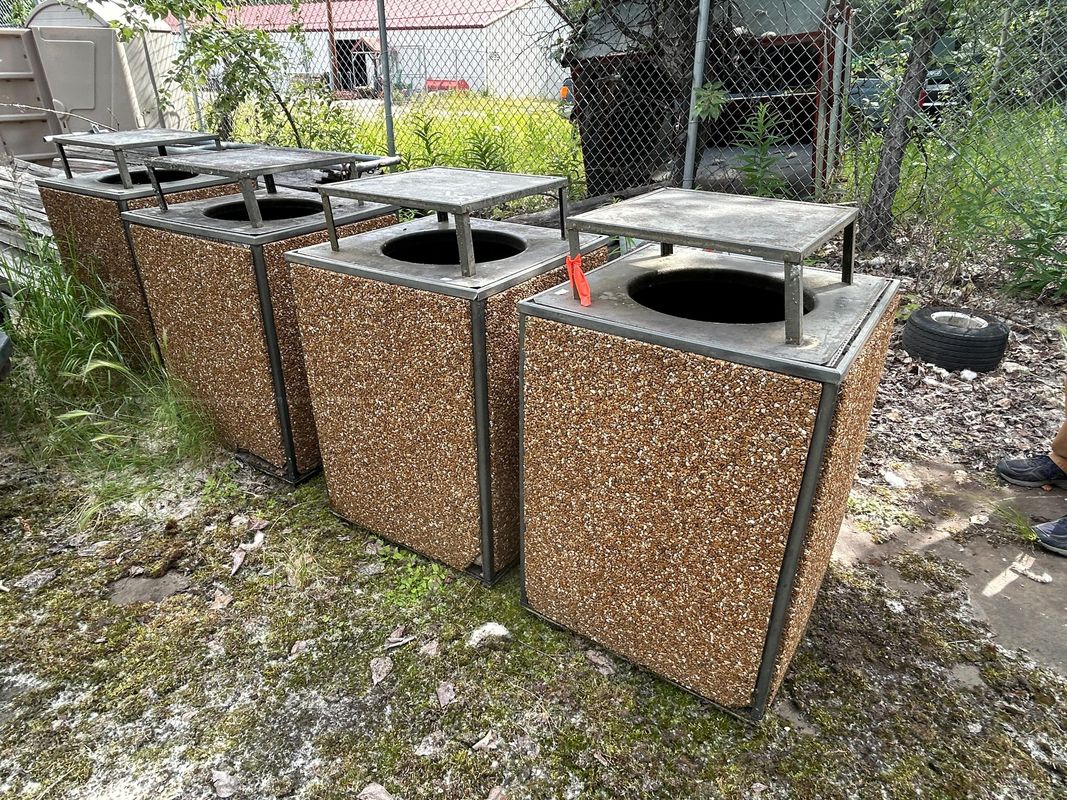 Aggregate Stone Square Outdoor Trash Receptacles with Metal Rain Lids