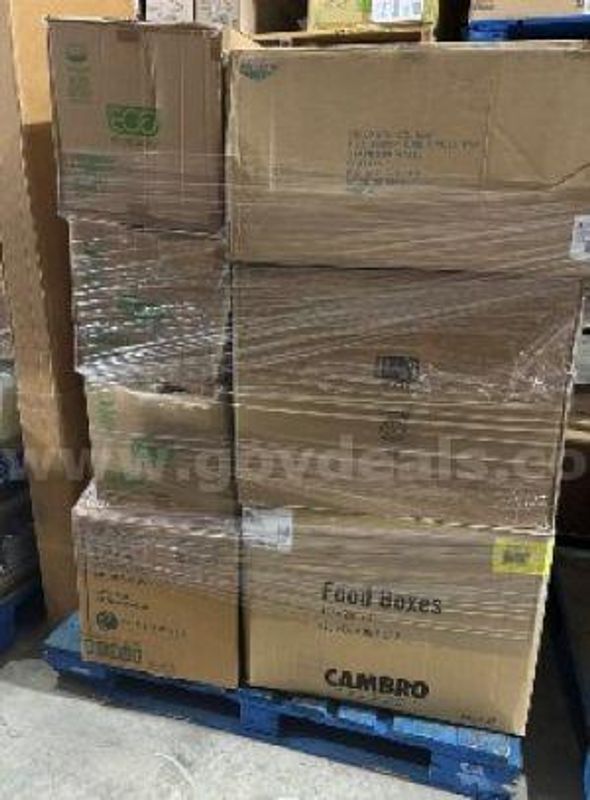 Pallet of Cambro Food Boxes, Vollrath Roll top Chafer, Cups, Bowls
