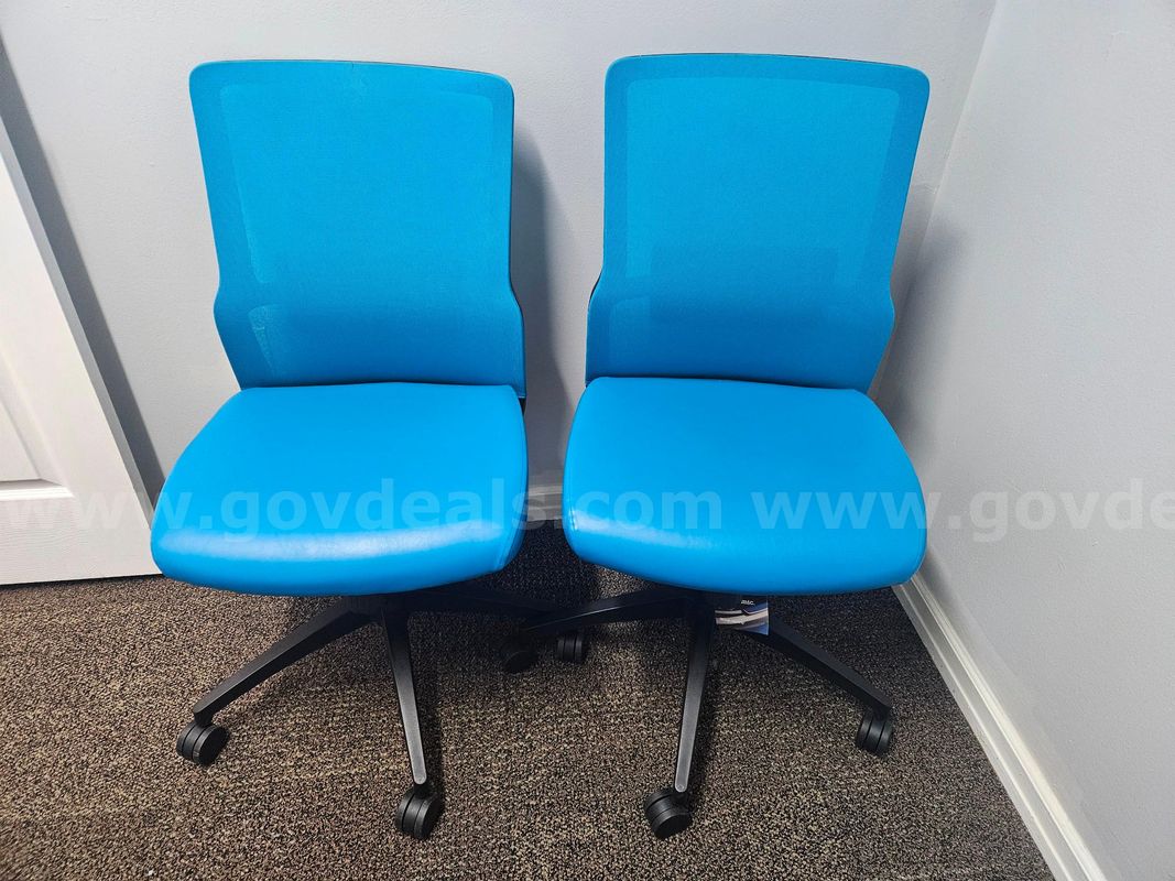 Two, blue desk chairs (19.5"x38"x19" each)