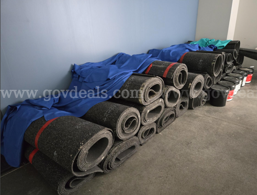 Large Lot of ~2300 sq ft Gym Flooring (30 rolls) plus 6 Buckets of Subfloor Sealer