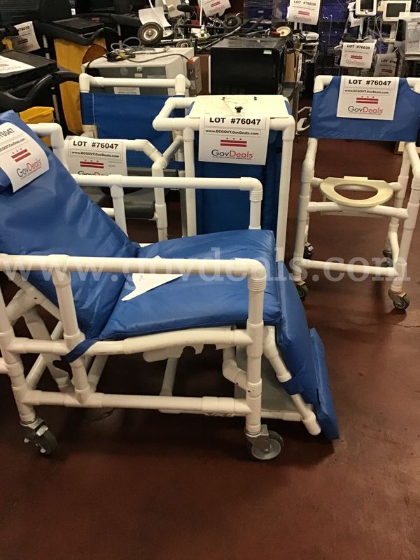 (3) Hospital PVC Shower Chair/ (1) PVC Linen Hamper/(1) PVC Reclining Chair with Elevated Leg Extension (400lb max)
