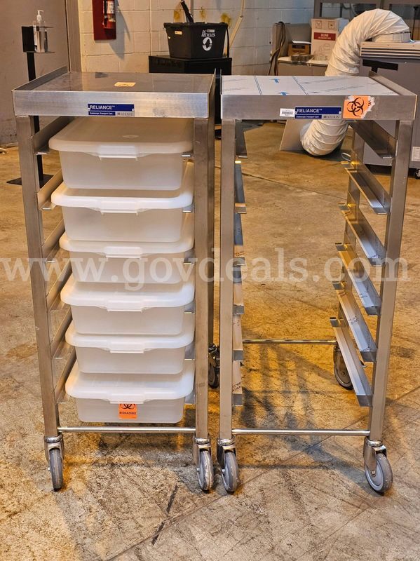 Lot of 2 - Stainless Steel Endoscopy Transport Carts W/6 - Plastic Containers