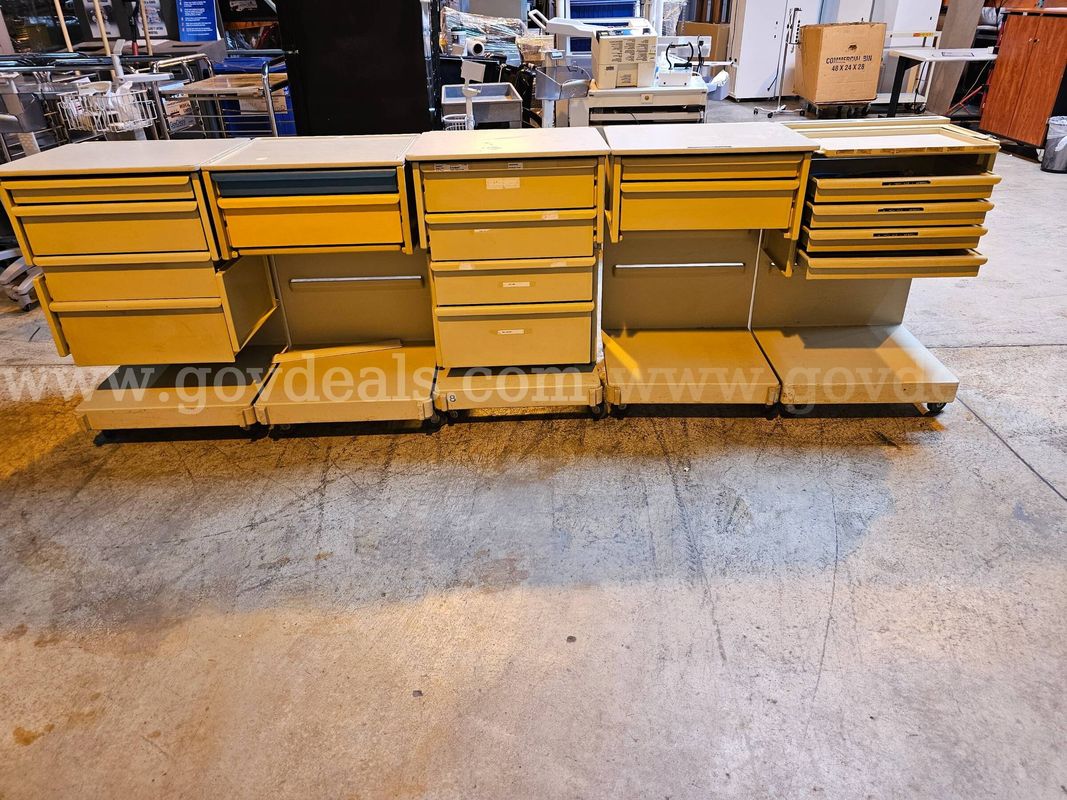 Lot of 5 - Beige Medical Supply Carts On Wheels