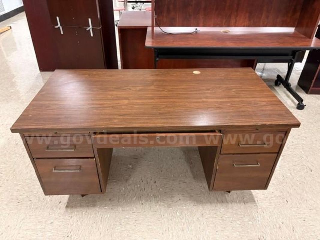 Lot - 7 Large Wooden Desks and 1 Bookshelf, fair to poor conditions