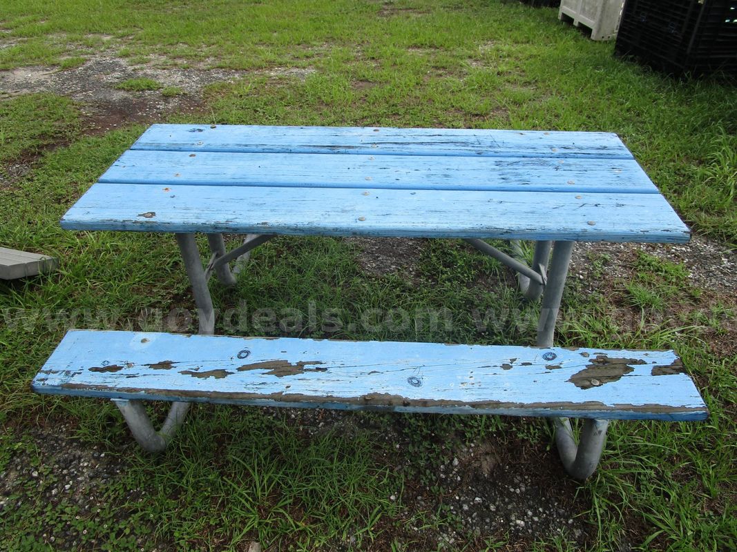 (1) Used Picnic Table W/ Metal Frame And Blue Wood Boards
