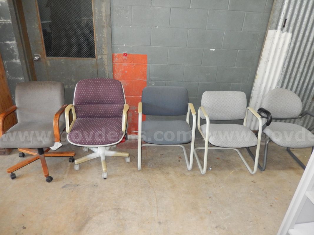 Used (1) Maroon Pattern Chair, (1) Grey Sbr Wood Frame Chair, (1) Grey Pattern Chair, (1) Blue Cloth Chair