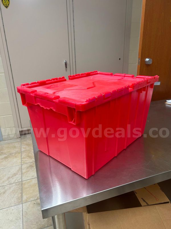 Hard plastic storage bins with built-in lids.