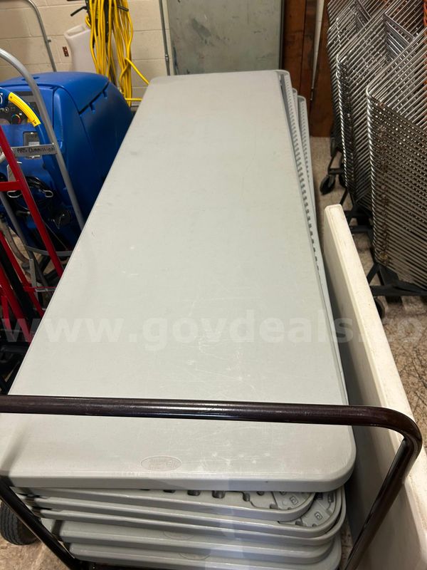 Lot Of 12 (Twelve) 8’ Folding Tables And Rolling Storage Cart