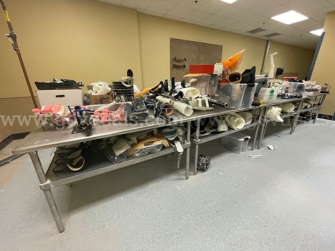 8 Metal Tables with Orthotics/Prosthetics Manufacturing Supplies 