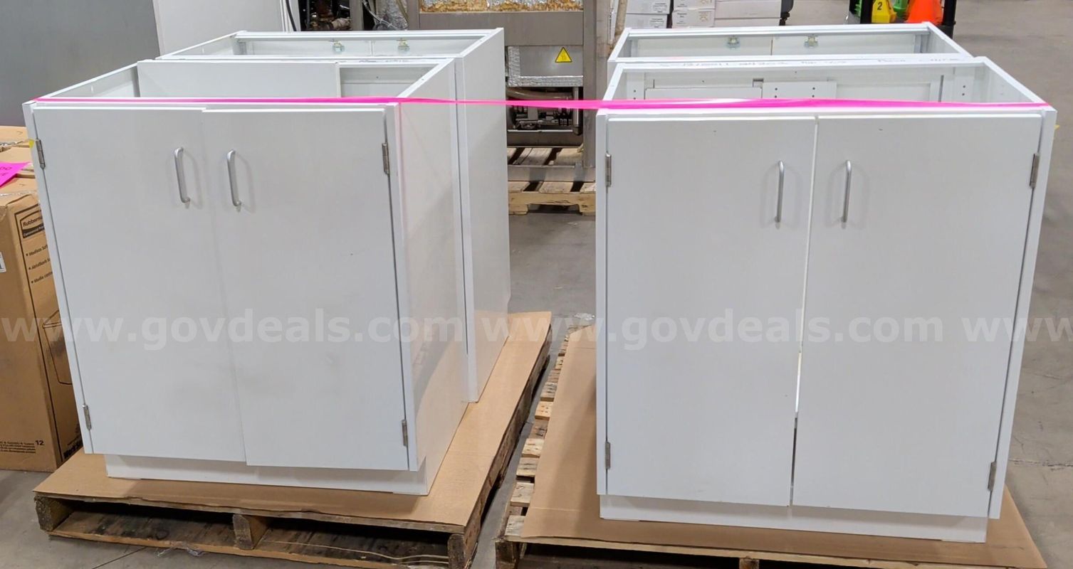 (4) White Metal Storage Base Cabinets w/ Doors