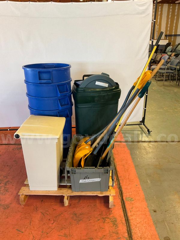 Pallet of Janitorial Supplies Includes: Trash Cans, Shovels & Bins