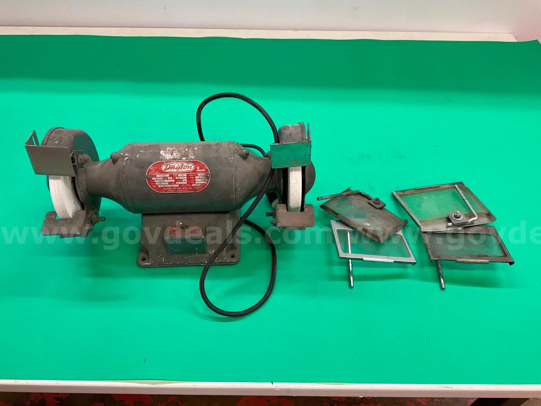 Dayton Electric Bench Grinder Model 4Z123 with Tool Rests and Eye Shields, Powers On