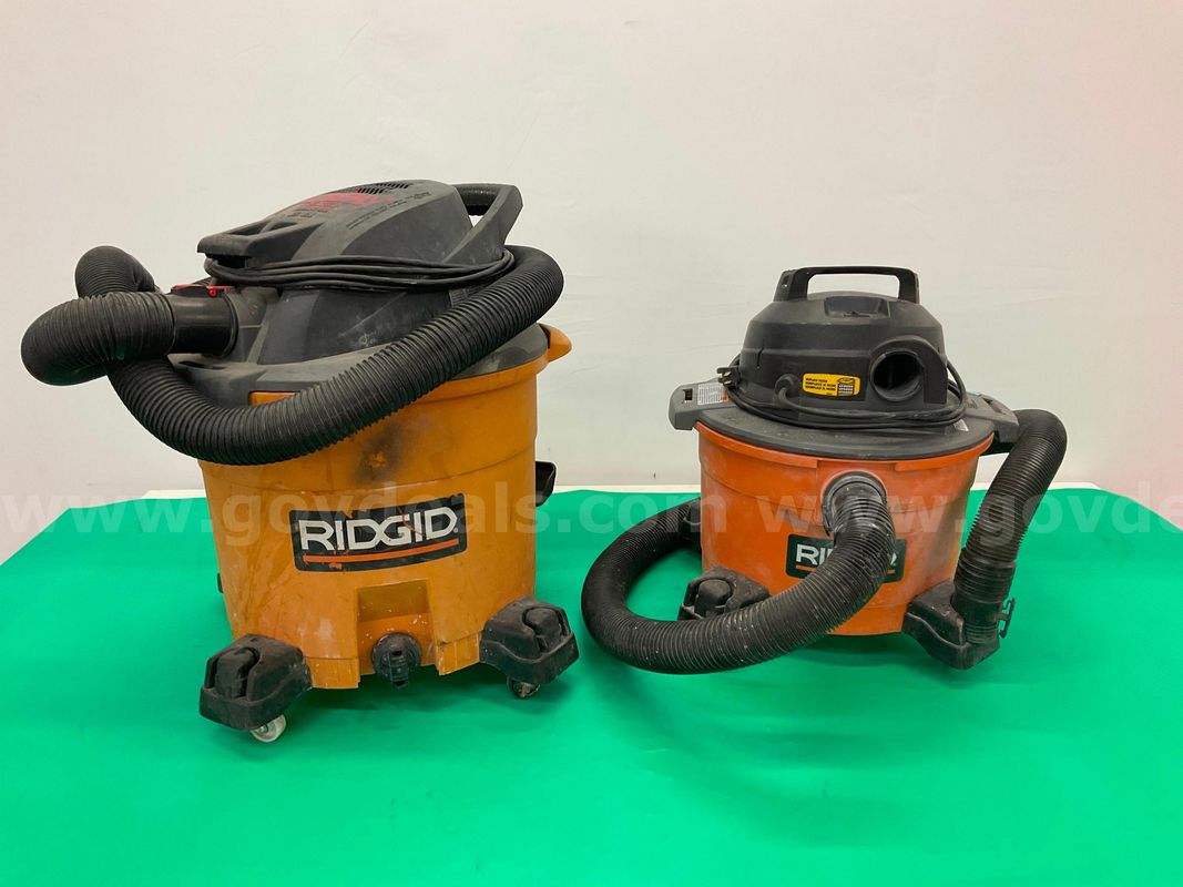 2 - Ridgid Wet/Dry Shop Vacs with Hoses and Accessories, Both Power On: 1 - 12 Gallon Model WD12500 and 1 - 6 Gallon Mod