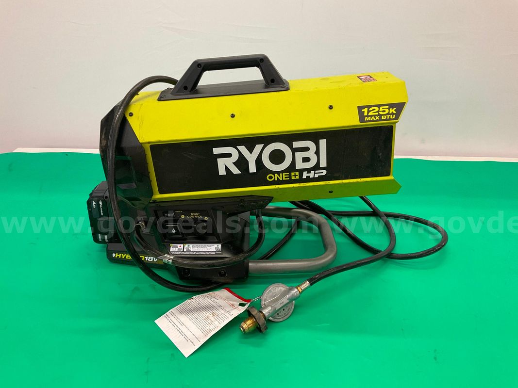Ryobi Hybrid Forced Air Propane Heater, Model PBLTH01, with 4ah Battery, Powers On