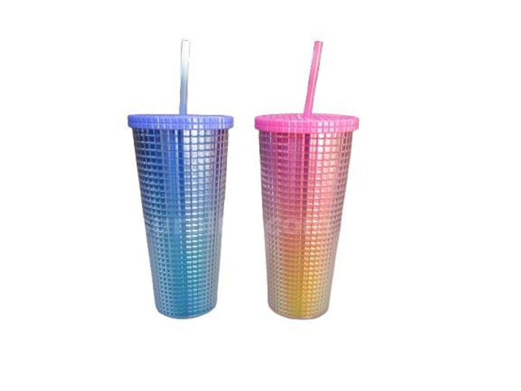 Lot of 12 24fl Ombre Iridescent Gride Tumbler with Lid and Straw Cup for Iced Coffee