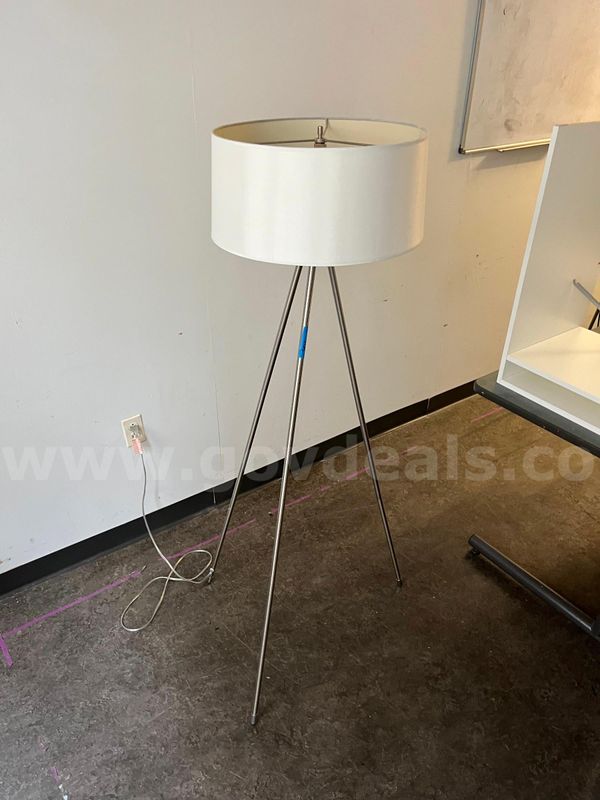 Three-legged floor lamp W/ white shade