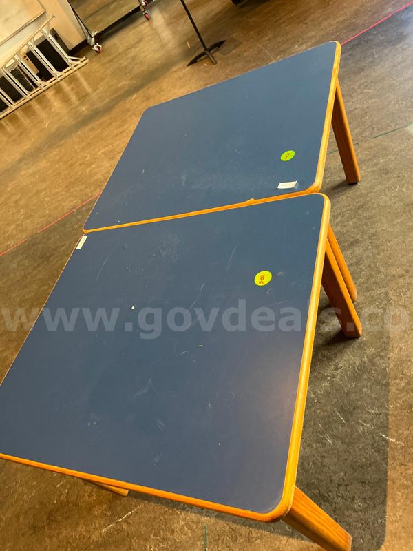 Wooden Table w/ Blue Plastic Top