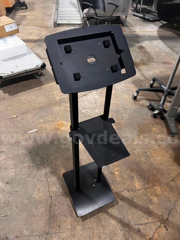 Metal and plastic tablet stand with mid-level shelf